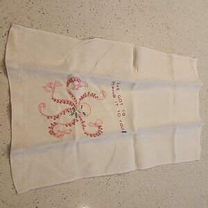 Vintage 1940'S LINEN TEA TOWEL EMBROIDERED 12" X 18" Octopus Pink